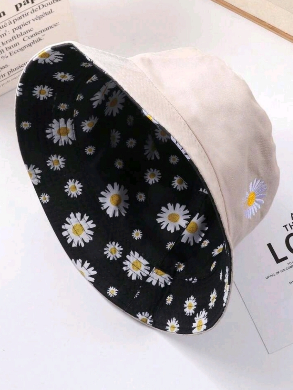 Reversible Beige Daisy Embroidered Summer Bucket Hat Hiking Outdoor